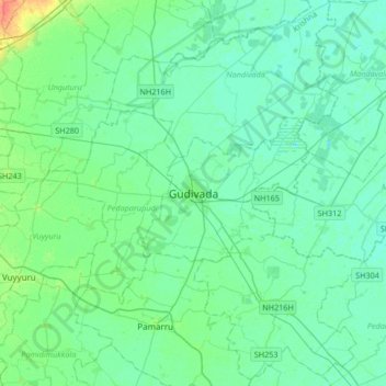 Mapa topográfico Gudivada, altitud, relieve