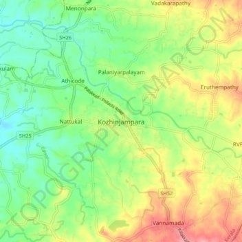 Mapa topográfico Kozhinjampara, altitud, relieve