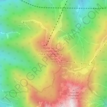 Mapa topográfico Monte Lussari, altitud, relieve