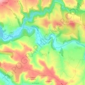 Mapa topográfico Candèze, altitud, relieve