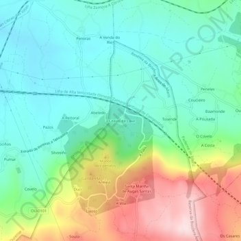 Mapa topográfico Outeiro de Laxe, altitud, relieve
