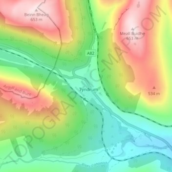 Mapa topográfico Tyndrum, altitud, relieve