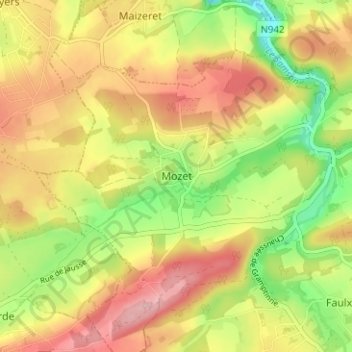 Mapa topográfico Mozet, altitud, relieve