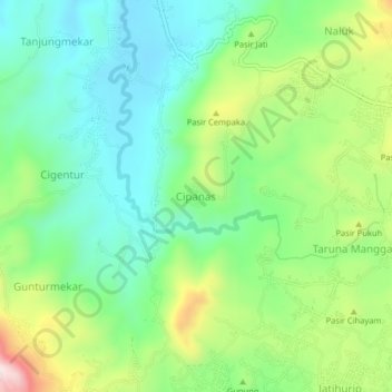 Mapa topográfico Cipanas, altitud, relieve