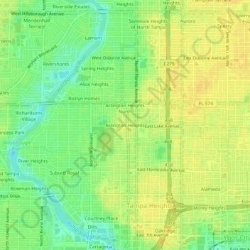 Mapa topográfico Arlington Heights, altitud, relieve