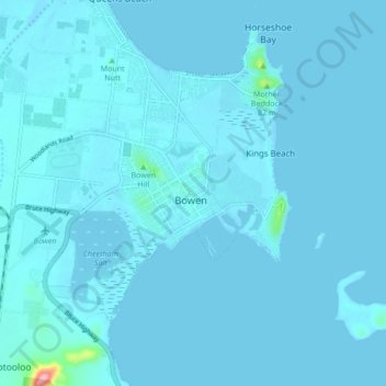 Mapa topográfico Bowen, altitud, relieve