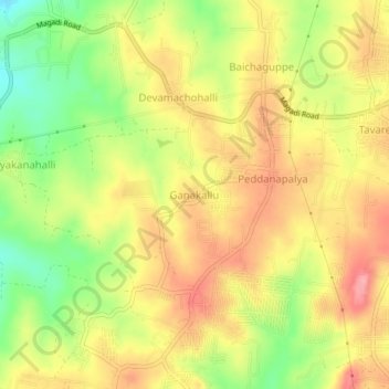 Mapa topográfico Ganakallu, altitud, relieve