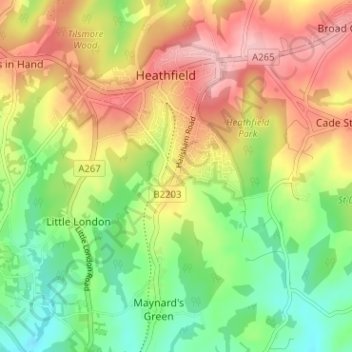 Mapa topográfico Sandy Cross, altitud, relieve