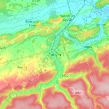 Mapa topográfico Couvin, altitud, relieve