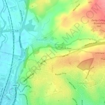 Mapa topográfico Breadsall Hilltop, altitud, relieve