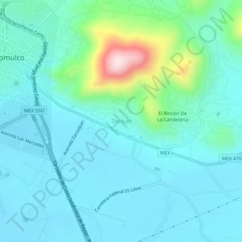 Mapa topográfico Tecoac, altitud, relieve