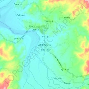 Mapa topográfico Lagangilang, altitud, relieve