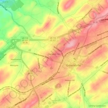 Mapa topográfico Highland Hills, altitud, relieve