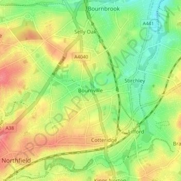 Mapa topográfico Bournville, altitud, relieve