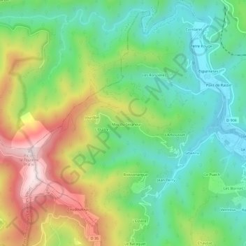 Mapa topográfico Alteyrac, altitud, relieve