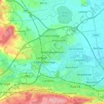 Mapa topográfico Stenhousemuir, altitud, relieve