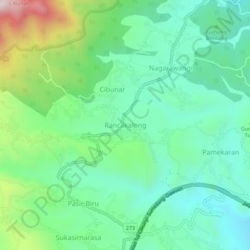 Mapa topográfico Rancakalong, altitud, relieve