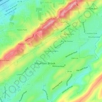 Mapa topográfico Crestline Heights, altitud, relieve