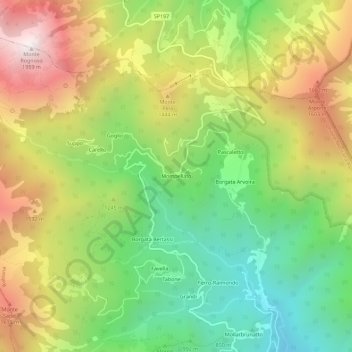 Mapa topográfico Mompellato, altitud, relieve