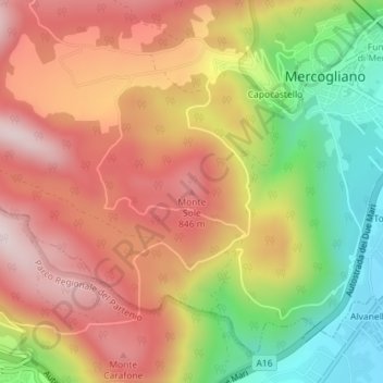 Mapa topográfico Monte Sole, altitud, relieve