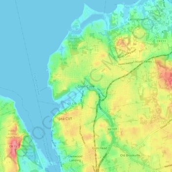 Mapa topográfico Glen Cove, altitud, relieve
