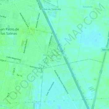 Mapa topográfico Alborada Jaltenco, altitud, relieve