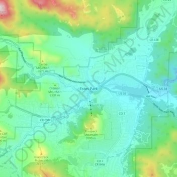 Mapa topográfico Estes Park, altitud, relieve