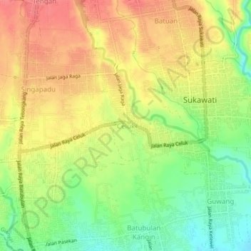 Mapa topográfico Celuk, altitud, relieve