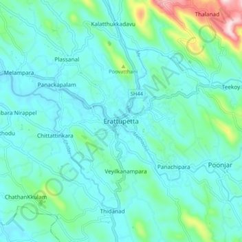 Mapa topográfico Erattupetta, altitud, relieve