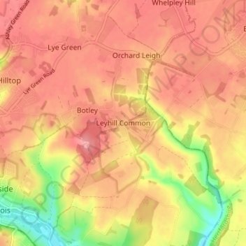 Mapa topográfico Leyhill Common, altitud, relieve