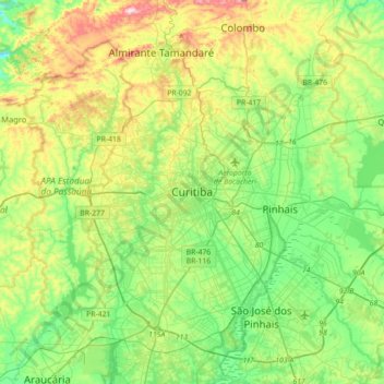 Mapa topográfico Curitiba, altitud, relieve