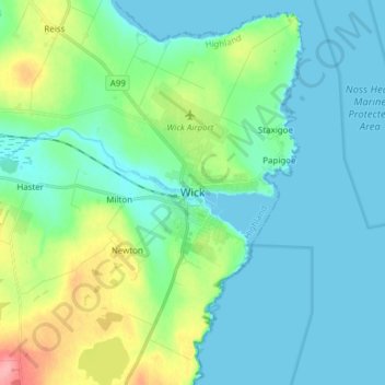 Mapa topográfico Wick, altitud, relieve