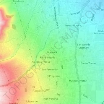 Mapa topográfico Guamaní, altitud, relieve