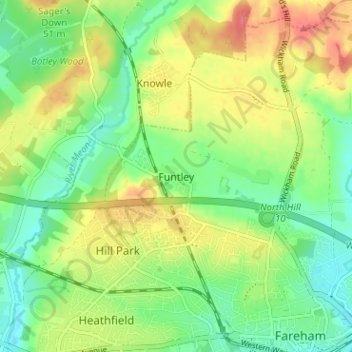 Mapa topográfico Funtley, altitud, relieve