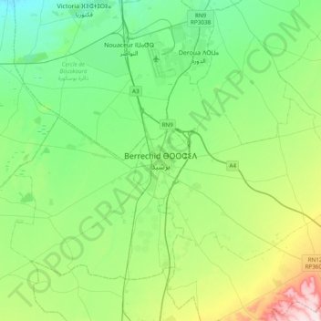 Mapa topográfico Berrechid, altitud, relieve