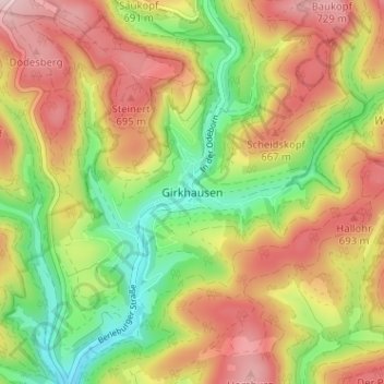 Mapa topográfico Girkhausen, altitud, relieve