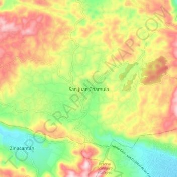 Mapa topográfico San Juan Chamula, altitud, relieve
