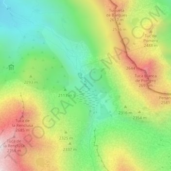 Mapa topográfico Cascada de Aigualluts, altitud, relieve