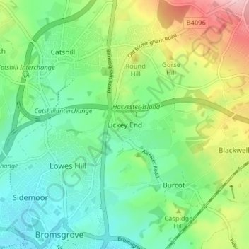 Mapa topográfico Lickey End, altitud, relieve