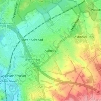 Mapa topográfico Ashtead, altitud, relieve