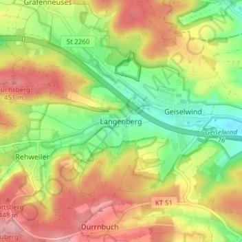 Mapa topográfico Langenberg, altitud, relieve