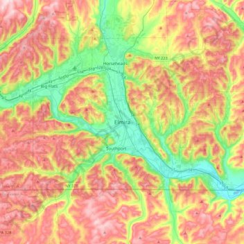 Mapa topográfico Elmira, altitud, relieve