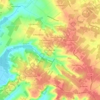 Mapa topográfico Chez Rivalland, altitud, relieve