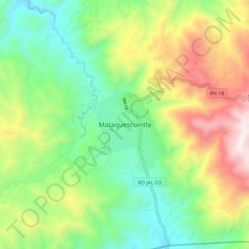 Mapa topográfico Mataquescuintla, altitud, relieve