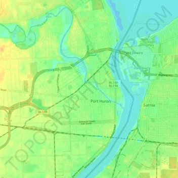 Mapa topográfico Port Huron, altitud, relieve