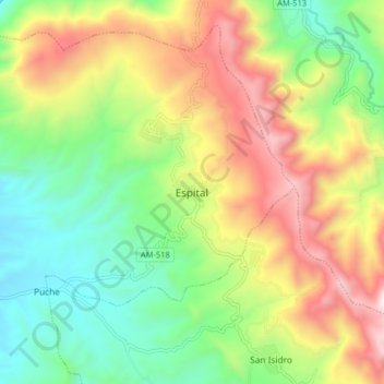 Mapa topográfico Espital, altitud, relieve