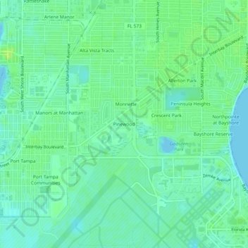 Mapa topográfico Pinewood, altitud, relieve