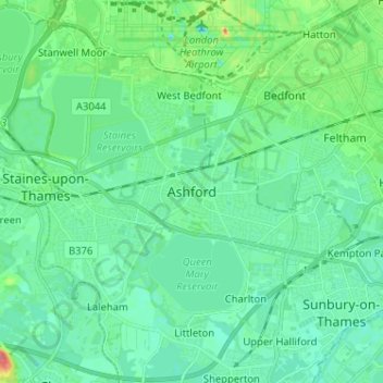 Mapa topográfico Ashford, altitud, relieve