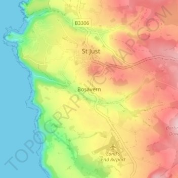Mapa topográfico Bosavern, altitud, relieve