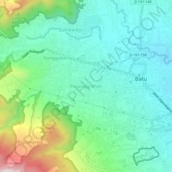 Mapa topográfico Pesanggrahan, altitud, relieve